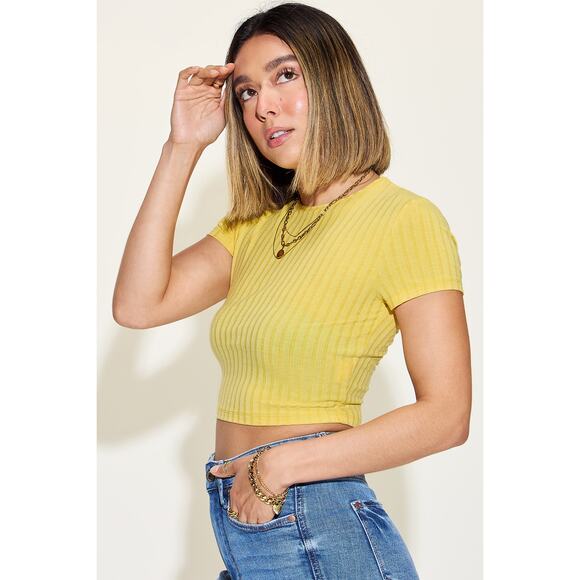 BASIC BAE Yellow Ribbed Round Neck Short Sleeve Cropped T-Shirt MISSES NEW - Picture 1 of 5